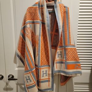 Orange and Blue Patterned Large Scarf